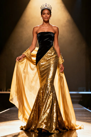 Sparkly Black and Gold Mermaid Sequin Long Pageant Dress with Shawl
